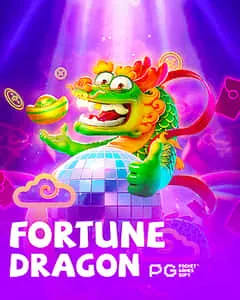 Tela de jogo do Fortune Dragon com símbolos de dragões, moedas e caracteres asiáticos, mostrando uma combinação vencedora